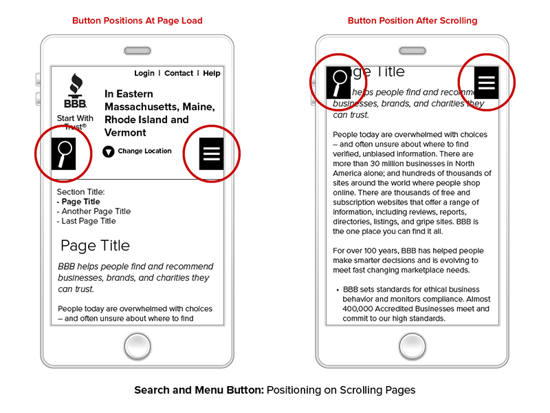 BBB mobile navigation wireframe