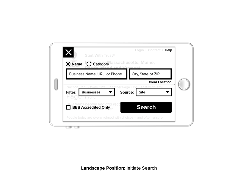 BBB mobile navigation wireframe
