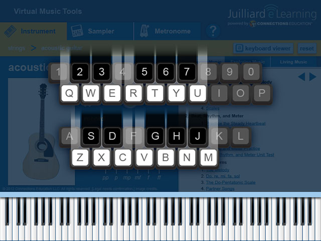 Virtual Music Tools instructional overlay for instrument keyboard